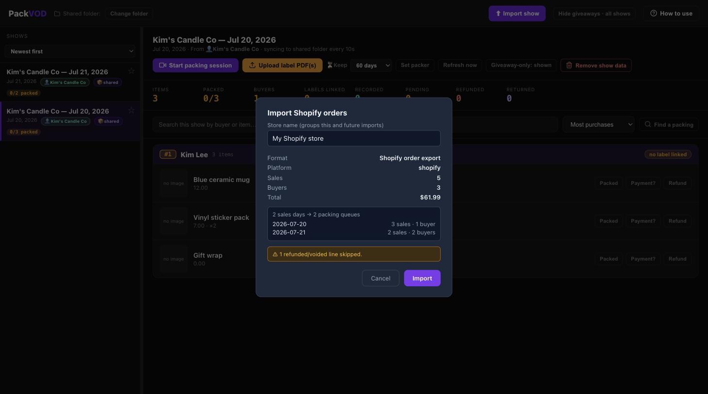 PackVOD Shopify import preview: 2 sales days become 2 packing queues, refunded orders skipped